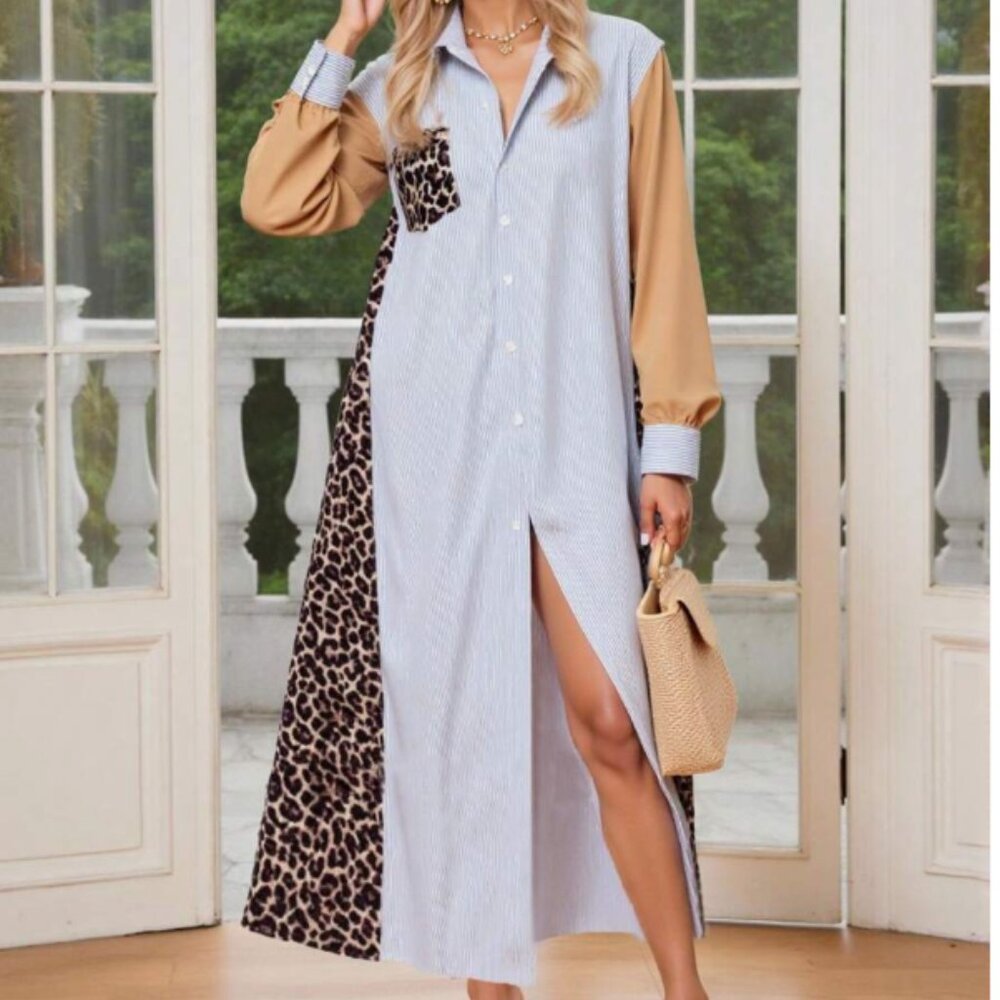 Plus Size Women Leopard Stripe Long Sleeve Single-Breasted Shirt Dress